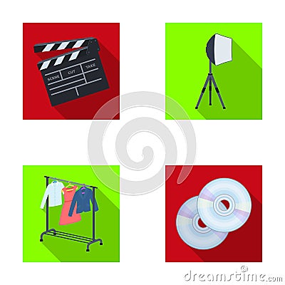 Movies, discs and other equipment for the cinema. Making movies set collection icons in flat style vector symbol stock Vector Illustration