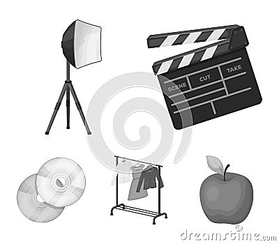 Movies, discs and other equipment for the cinema. Making movies set collection icons in monochrome style vector symbol Vector Illustration