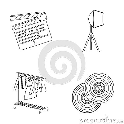 Movies, discs and other equipment for the cinema. Making movies set collection icons in outline style vector symbol Vector Illustration