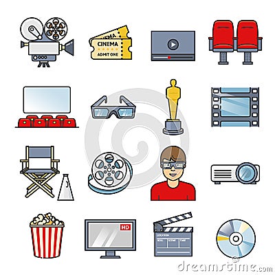 Movies element set. Cinema icons collection. Outline flat vector illustration. Vector Illustration