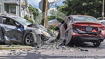 A Moving Car Collides with a Parked Car, Shaking the Calm of a Neighborhood Street Stock Photo