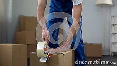 Moving company worker packing cardboard boxes, quality delivery services Stock Photo