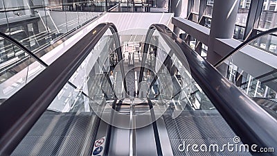 Moving escalator in interior of office building Stock Photo