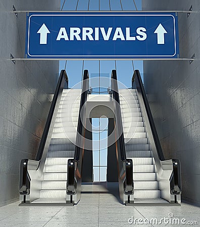 Moving escalator stairs in airport, arrivals sign Stock Photo