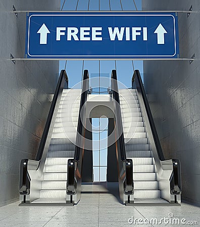 Moving escalator stairs in building, free wifi sign Stock Photo