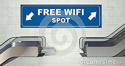 Moving escalator stairs, free wifi spot sign Stock Photo