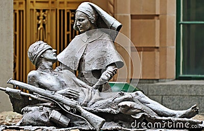 Anzac statue wounded soldier & nurse Brisbane city Editorial Stock Photo