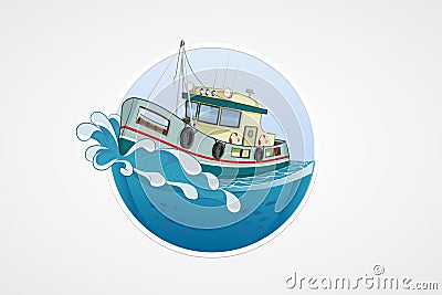 Moving fishing boat. Deep sea with wave. Round vector computer icons for applications or games. Logo and emblem template. Handdraw Vector Illustration