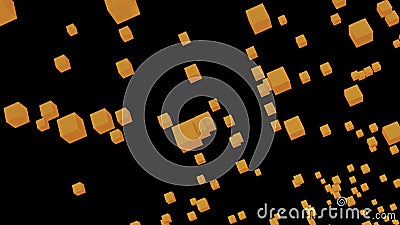 Moving flow of pulsating 3d squares. Design. A lot of 3d squares moving in stream. 3D squares fly in space on black Stock Photo