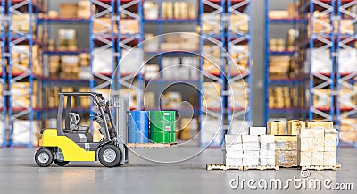 moving forklift transports a pallet with bins inside a warehouse Stock Photo