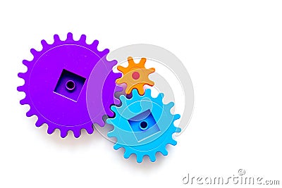 Moving forward concept, ideal operating principle with gears and wheels on white background top view mock up Stock Photo