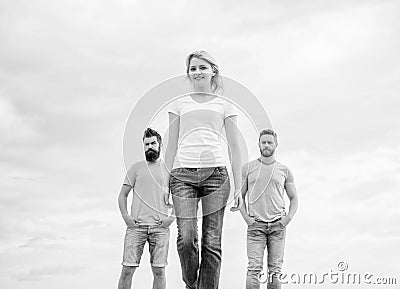 Moving forward support male team. What makes successful female leader. Girl leader qualities possess naturally Stock Photo