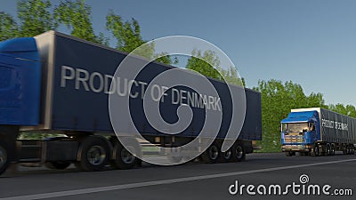 Moving freight semi trucks with PRODUCT OF DENMARK caption on the trailer. Road cargo transportation. 3D rendering Stock Photo