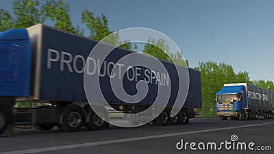 Moving freight semi trucks with PRODUCT OF SPAIN caption on the trailer. Road cargo transportation. 3D rendering Stock Photo