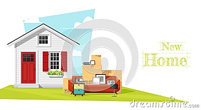 Moving home concept background with small house and furniture Vector Illustration