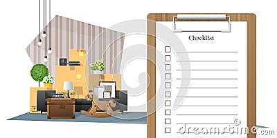 Moving home concept with survey clipboard and pile of furniture background Vector Illustration