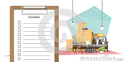 Moving home concept with survey clipboard and pile of furniture background Vector Illustration