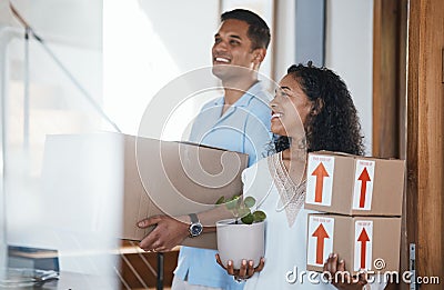 Moving, home and couple with boxes, smile and excited for growth, real estate and relationship. Partners, man and woman Stock Photo