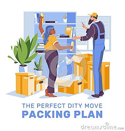 Moving home. A man helps a woman pack things. Vector flat illustration. Cartoon Illustration