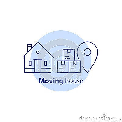 Relocation concept, package and transportation, moving house services, delivery to door, receive parcel, vector stroke icon Vector Illustration