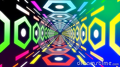 Moving inside hexagonal tunnel with colorful sides, seamless loop. Motion. Flying through endless futuristic 3D portal. Stock Photo