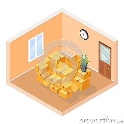 Moving isometric hall room cardboard box pile cutaway flat design isolated concept vector illustration Vector Illustration