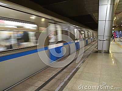 A moving metro train in kazan. Cityscape. Metro Stock Photo