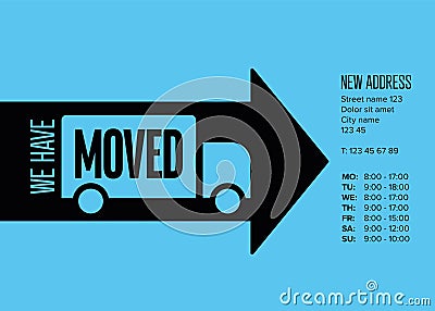 We are moving minimalistic blue flyer template with big arrow Vector Illustration