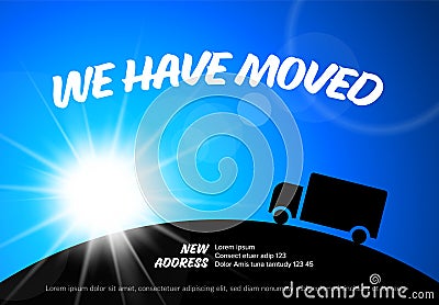 We are moving minimalistic blue flyer template with blue sky and big sun Vector Illustration