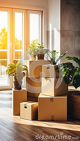 moving into a new home donation concept with stacked cardboard boxes and cat sitting inside Stock Photo