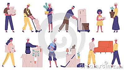 Moving out people. Family moving new house, characters carrying boxes and furniture, cargo delivery service vector Vector Illustration