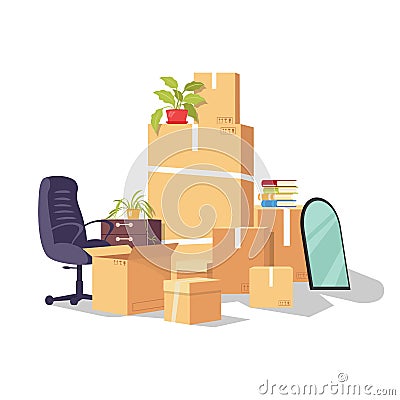 Moving by reason changing work, job, promotion, career development, dismissal. Vector Illustration