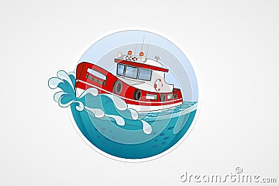 Moving rescue boat. Deep sea with wave. Round vector computer icons for applications or games. Logo and emblem template. Handdrawn Vector Illustration