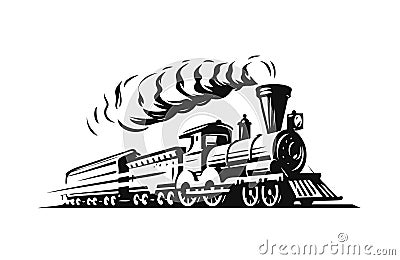 Moving retro steam locomotive. Vintage train emblem or symbol vector illustration Vector Illustration