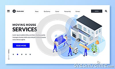 Moving service banner. Workers carry furniture and household appliances to house. Vector 3d isometric illustration Vector Illustration