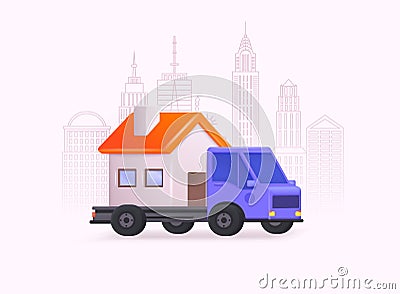 Moving service concept. Moving truck with house. 3D Web Vector Illustrations Vector Illustration