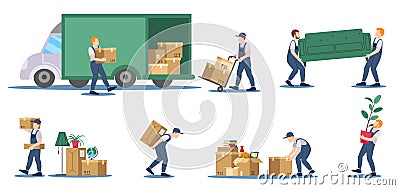 Moving service. Delivery service workers loading boxes and sofa into truck, residential move logistics cartoon vector Vector Illustration