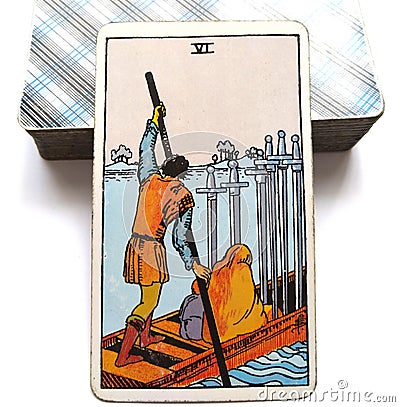 6 Six of Swords Tarot Card Moving On Slow Healing Progress but slow Calmer Waters Stock Photo