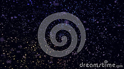 Moving small dots of lilac, blue, and yellow colors on black background, seamless loop. Animation. Abstract flight of Stock Photo