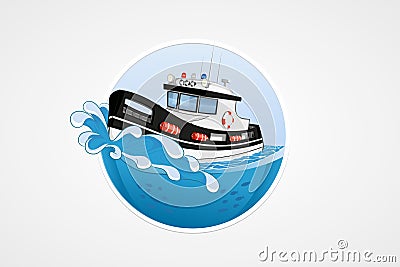 Moving speed police boat. Deep sea with wave. Round vector computer icons for applications or games. Logo template. Handdrawn Ill Vector Illustration