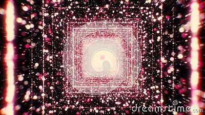 Moving in square cyber tunnel with particles. Motion. Glowing particles in tunnel with neon squares. Square spatial Stock Photo