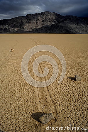 Moving stone in the desert of Death Valley Stock Photo