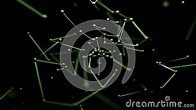 Moving structure of points, lines and triangles. Design. The camera flies inside the structure on a black background. Stock Photo