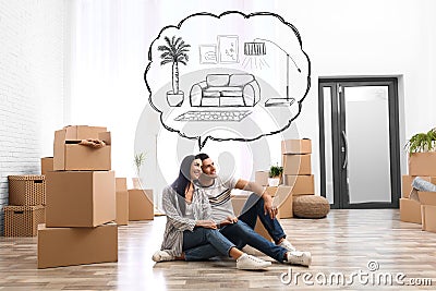 Moving to house. Happy couple imagining living room arrangement. Illustrated interior design Stock Photo