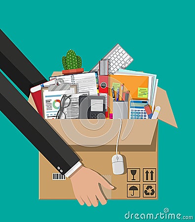 Moving to new office. Cardboard box in hand Vector Illustration