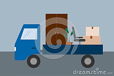 Moving. Truck with furniture and cardboard boxes. Relocate to new home or office. Vector Vector Illustration