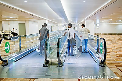 Moving walkway inside Indira Gandhi International Airport terminal Editorial Stock Photo