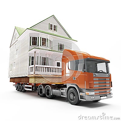 Moving the whole big house with a truck. Concept. 3d rendering Stock Photo