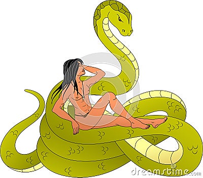 Mowgli sits on the rings of a big snake Vector Illustration