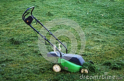 Mowing Lawn With Green Lawnmower Stock Photo